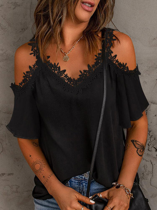 Lace Detail V-Neck Half Sleeve Blouse Black S 