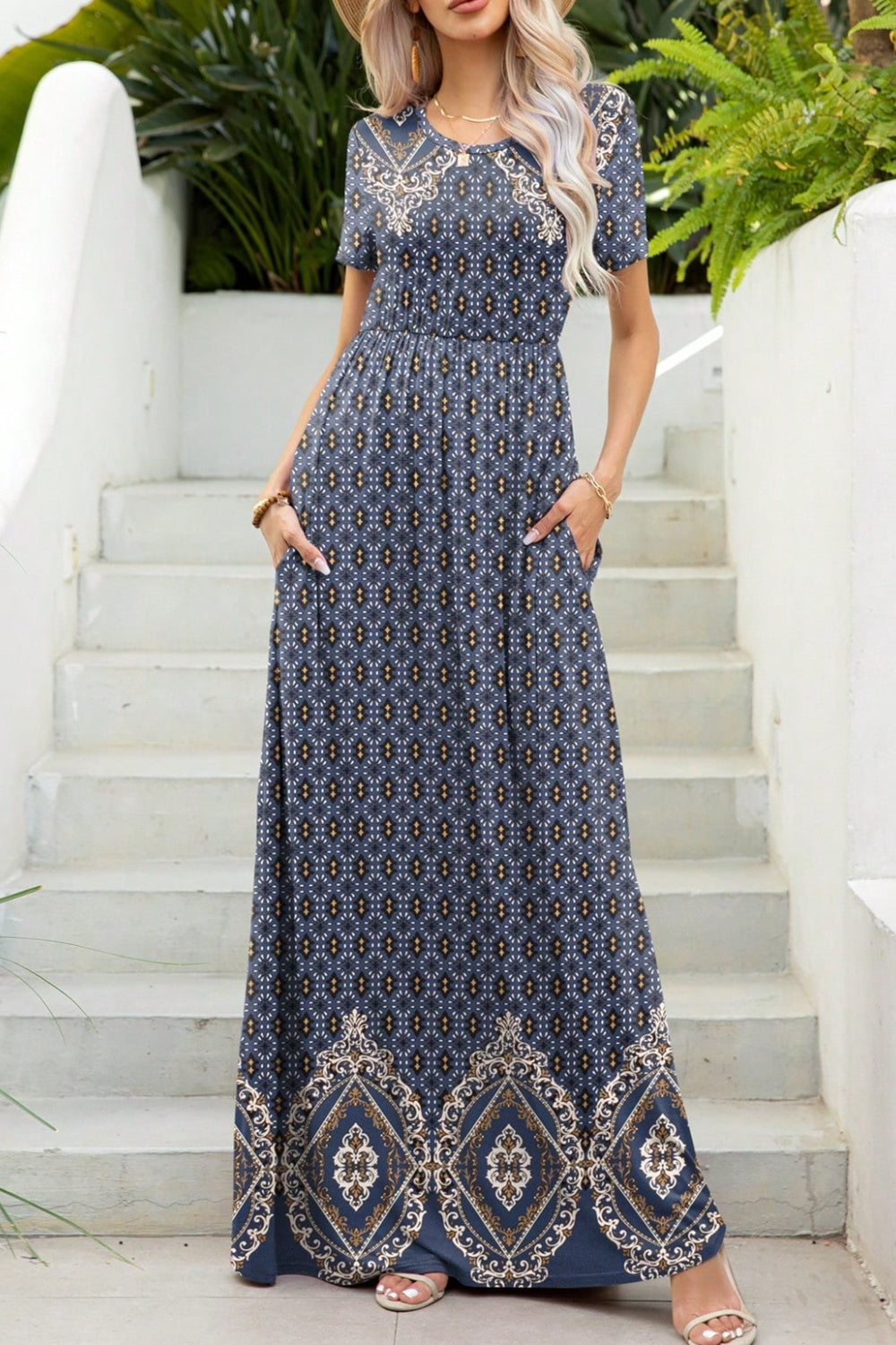 Printed Round Neck Short Sleeve Maxi Dress   