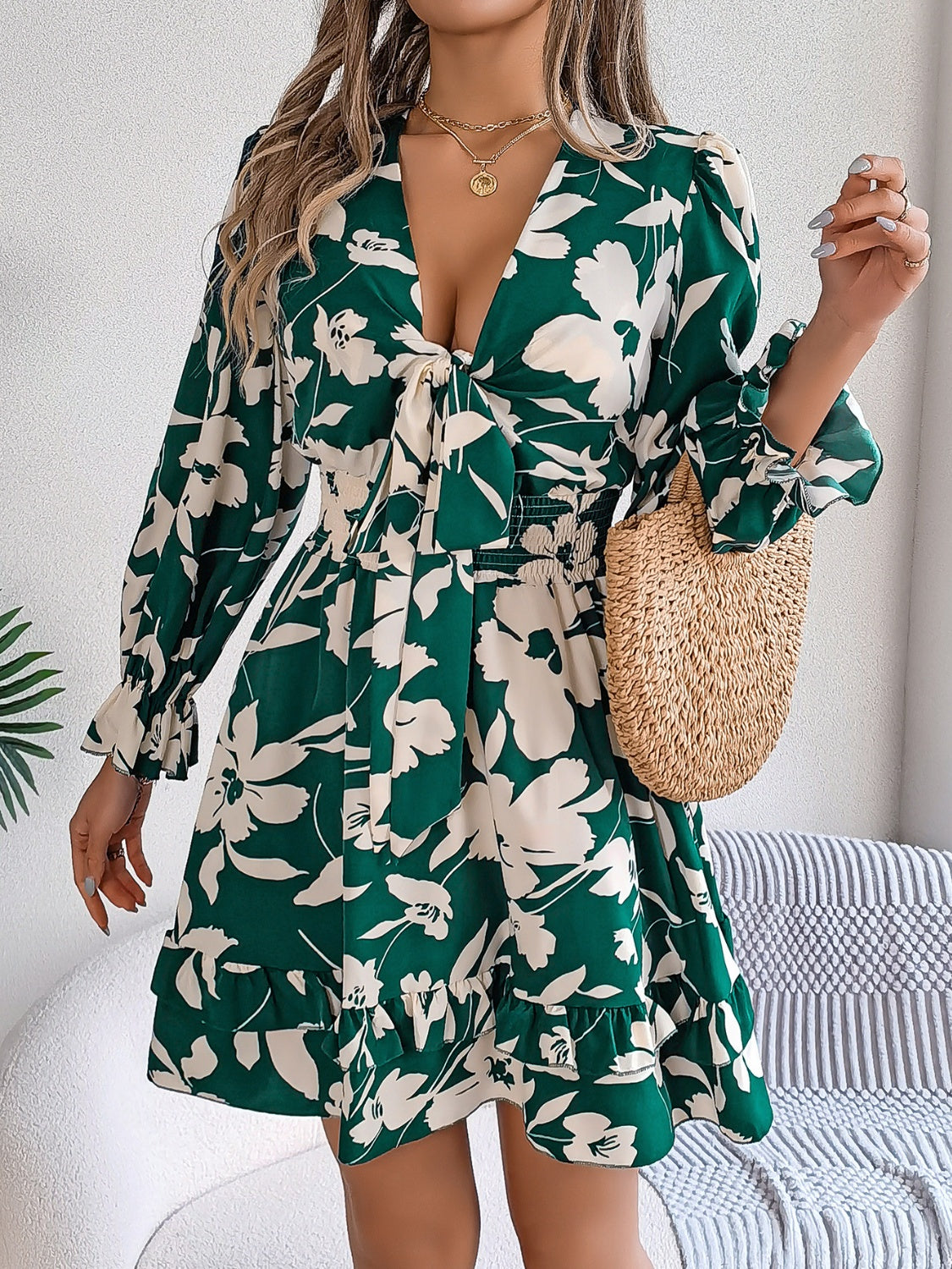 Tied Ruffled Printed Long Sleeve Dress   