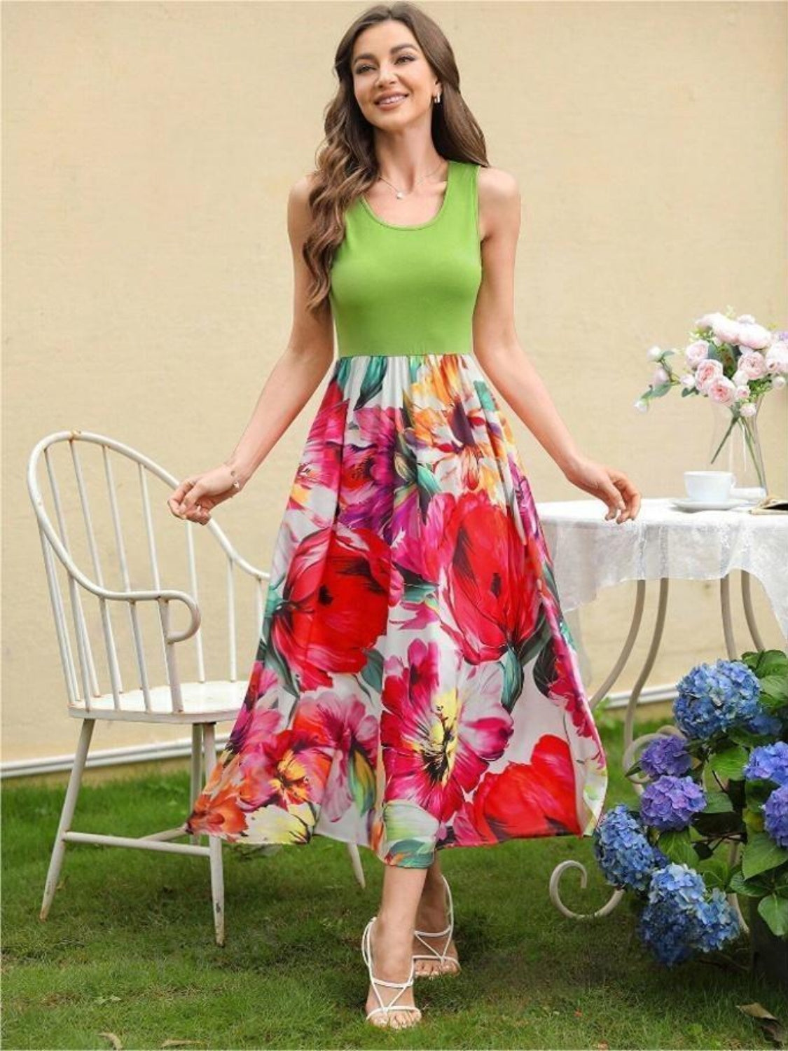 Printed Round Neck Sleeveless Dress   