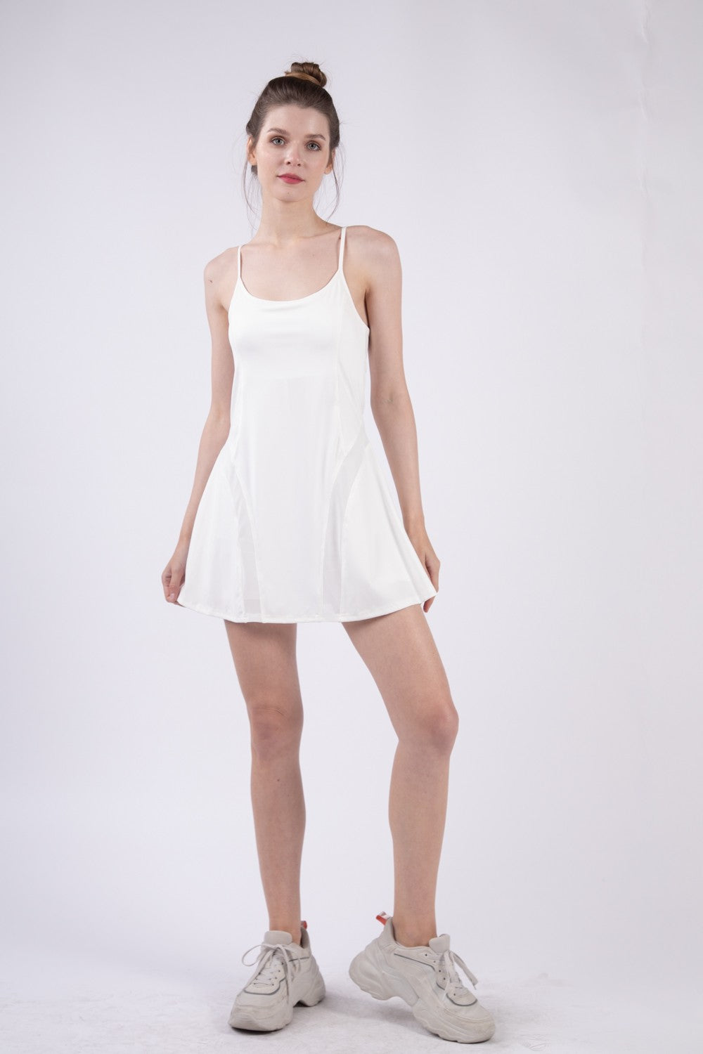 VERY J Mesh Detail Tennis Mini Active Dress with Shorts Inside White S 