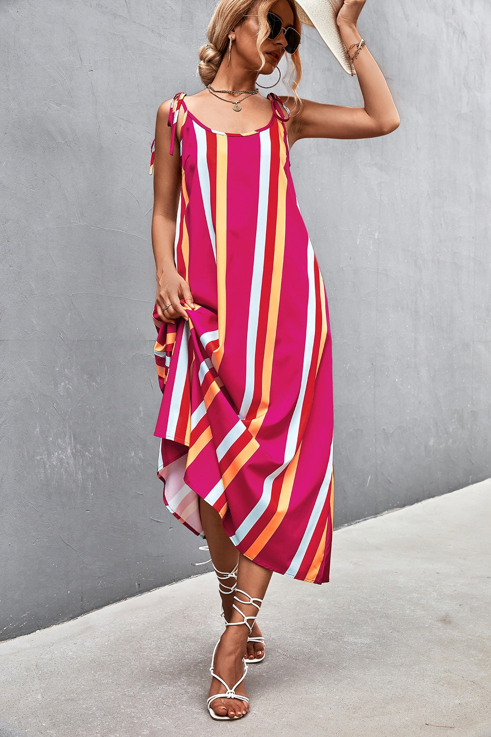 STUNNLY  Striped Scoop Neck Cami Dress Strawberry S 