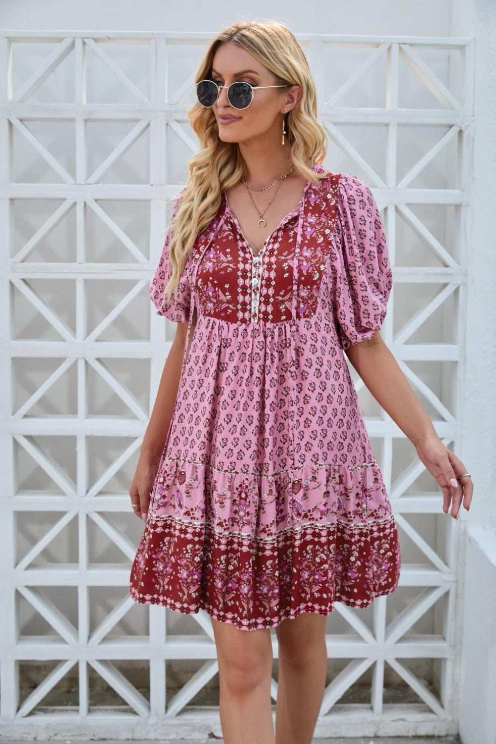 Printed Tie Neck Half Sleeve Dress   