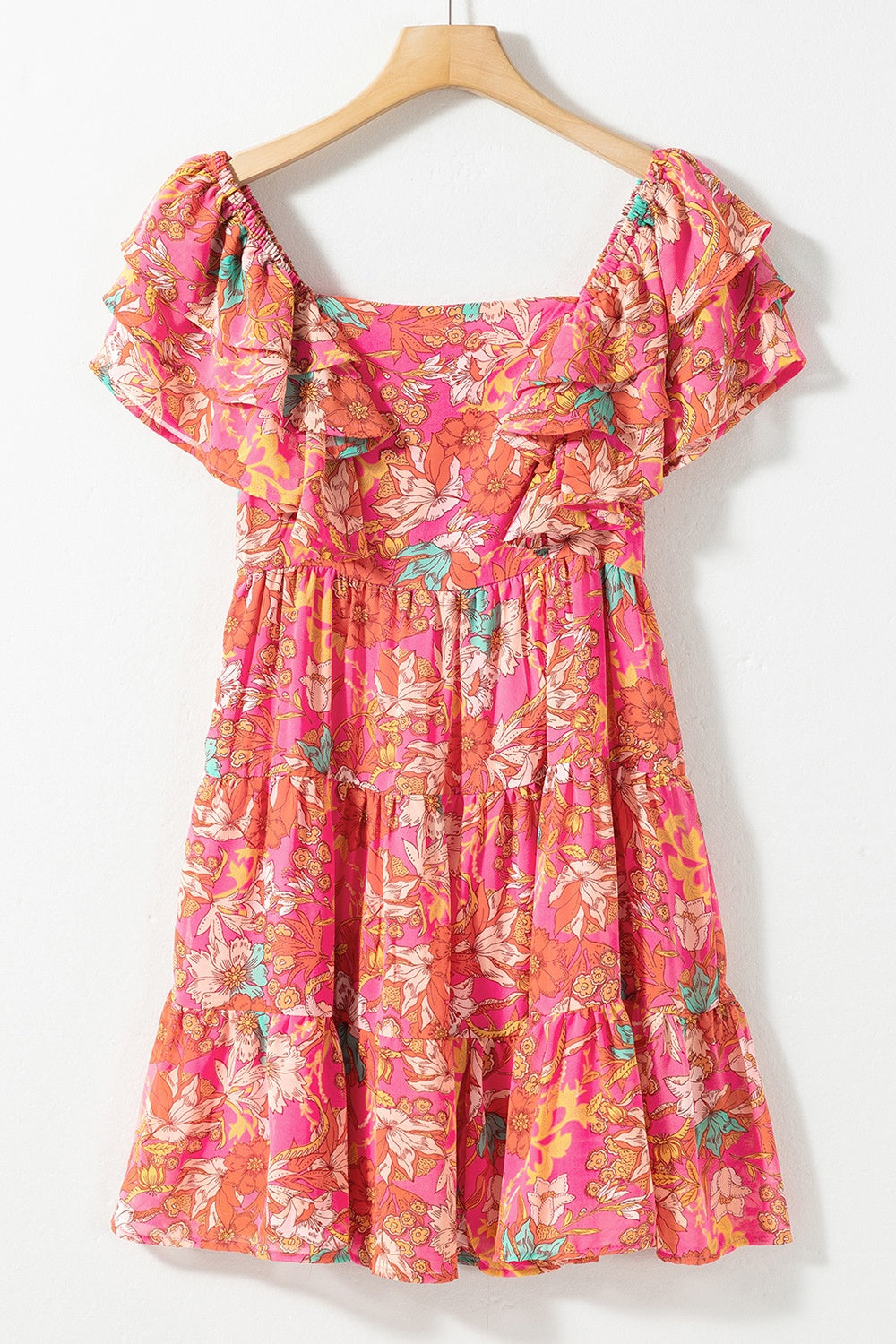 STUNNLY  Ruffled Printed Square Neck Dress   