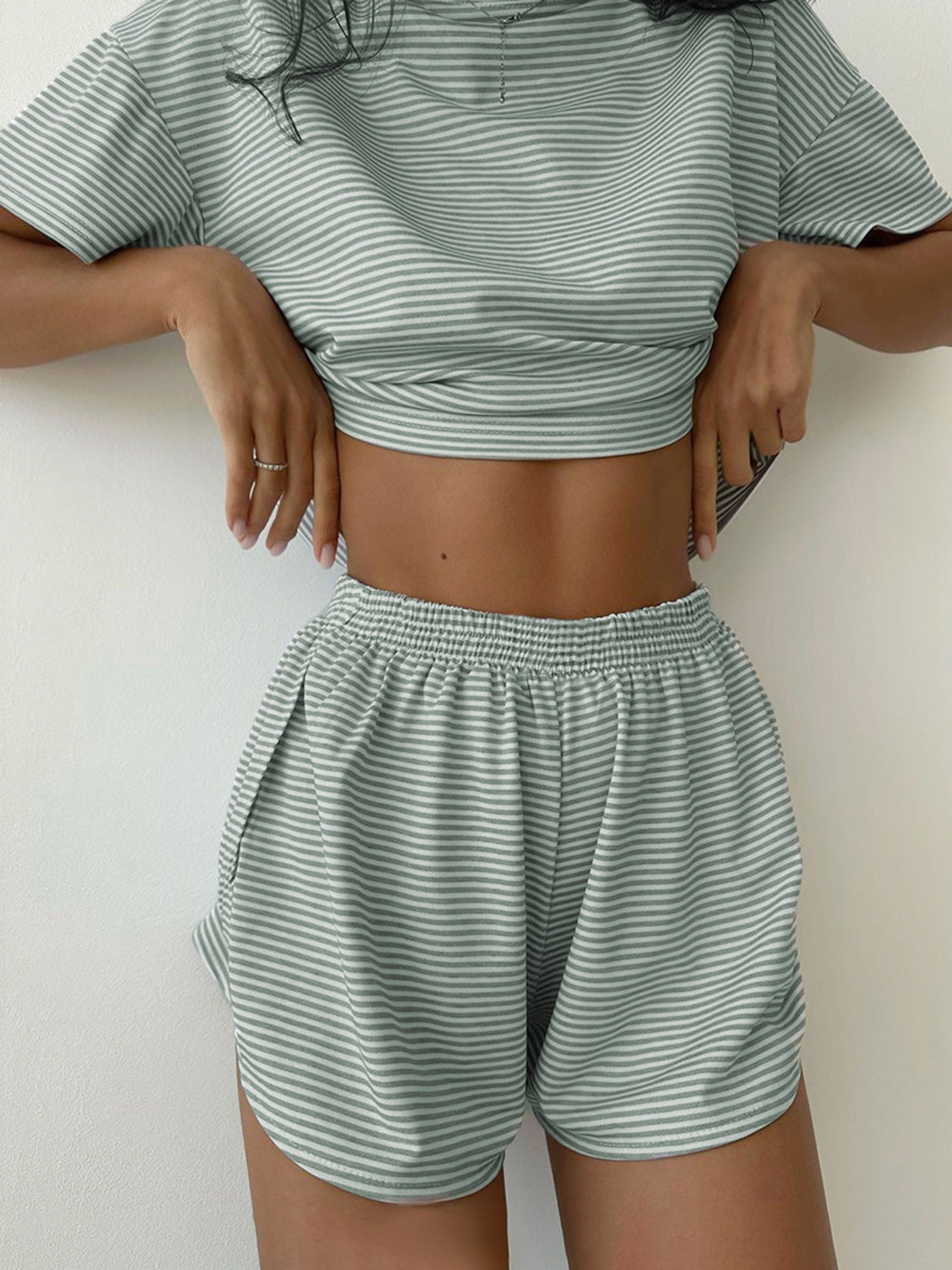 STUNNLY  Striped Round Neck Top and Shorts Set   