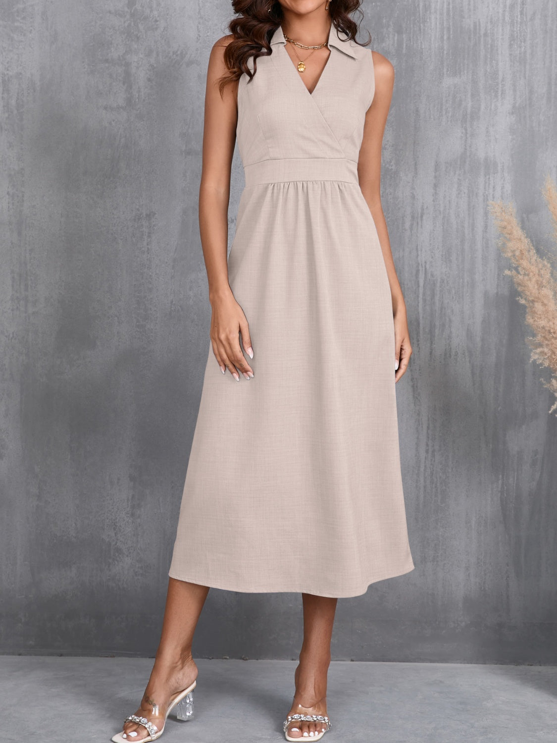 Ruched Sleeveless Midi Dress Dust Storm S 