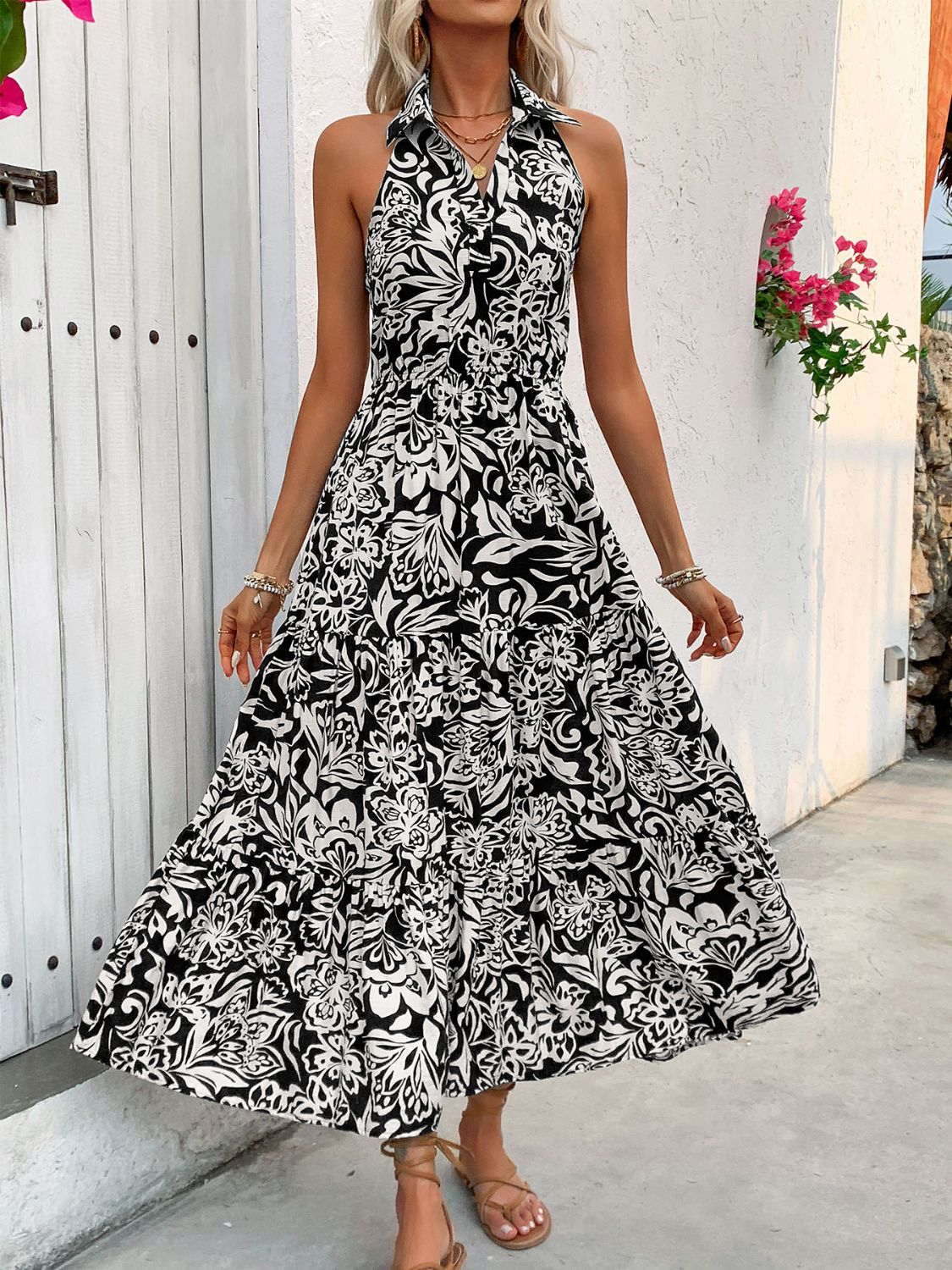 Backless Smocked Printed Sleeveless Midi Dress   