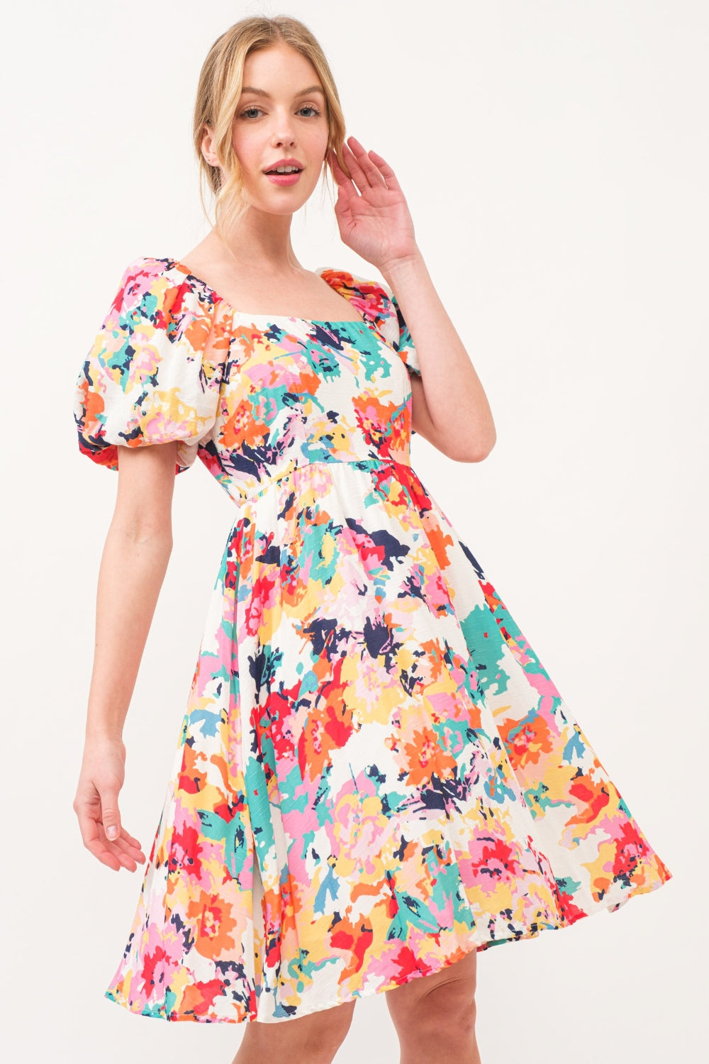 And The Why Square Neck Puff Sleeve Floral Dress Multi S 