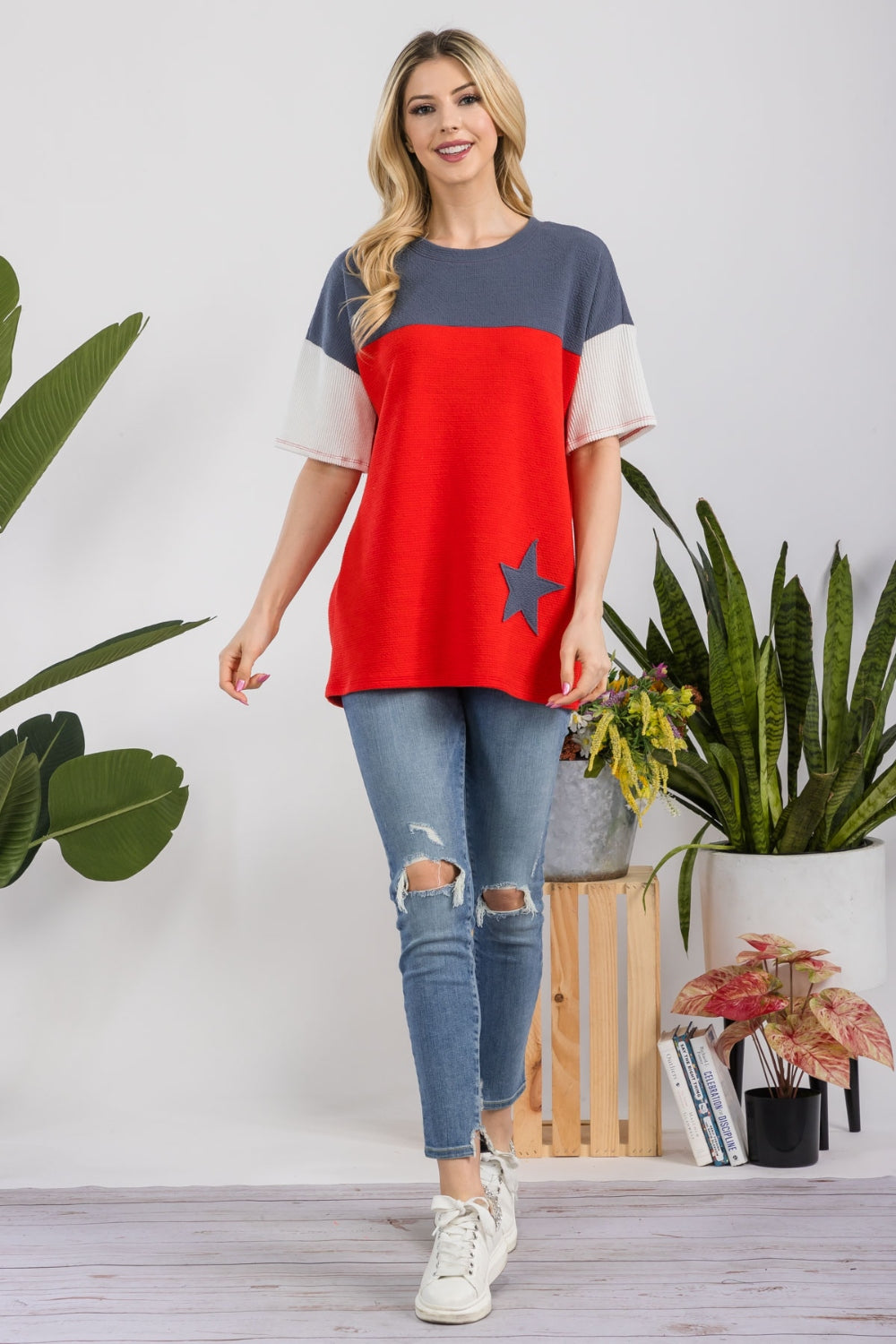 Celeste Full Size Ribbed Star Color Block T-Shirt   