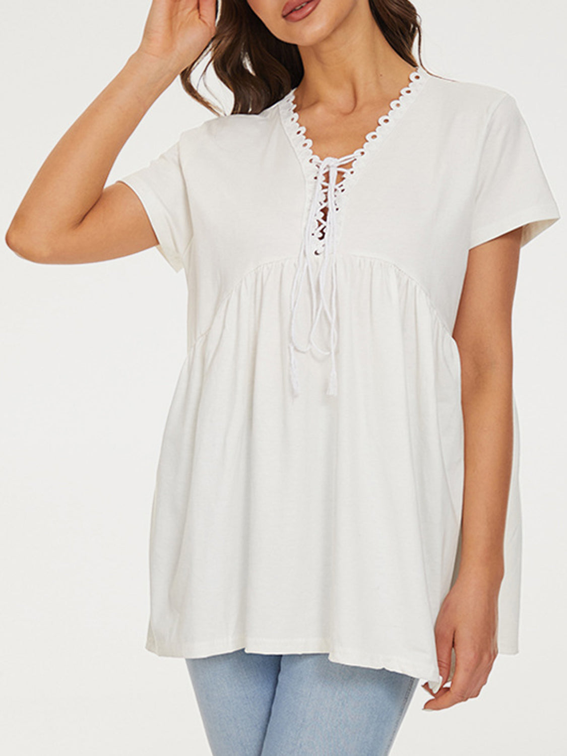 STUNNLY  Lace Detail Tie Neck Short Sleeve T-Shirt   