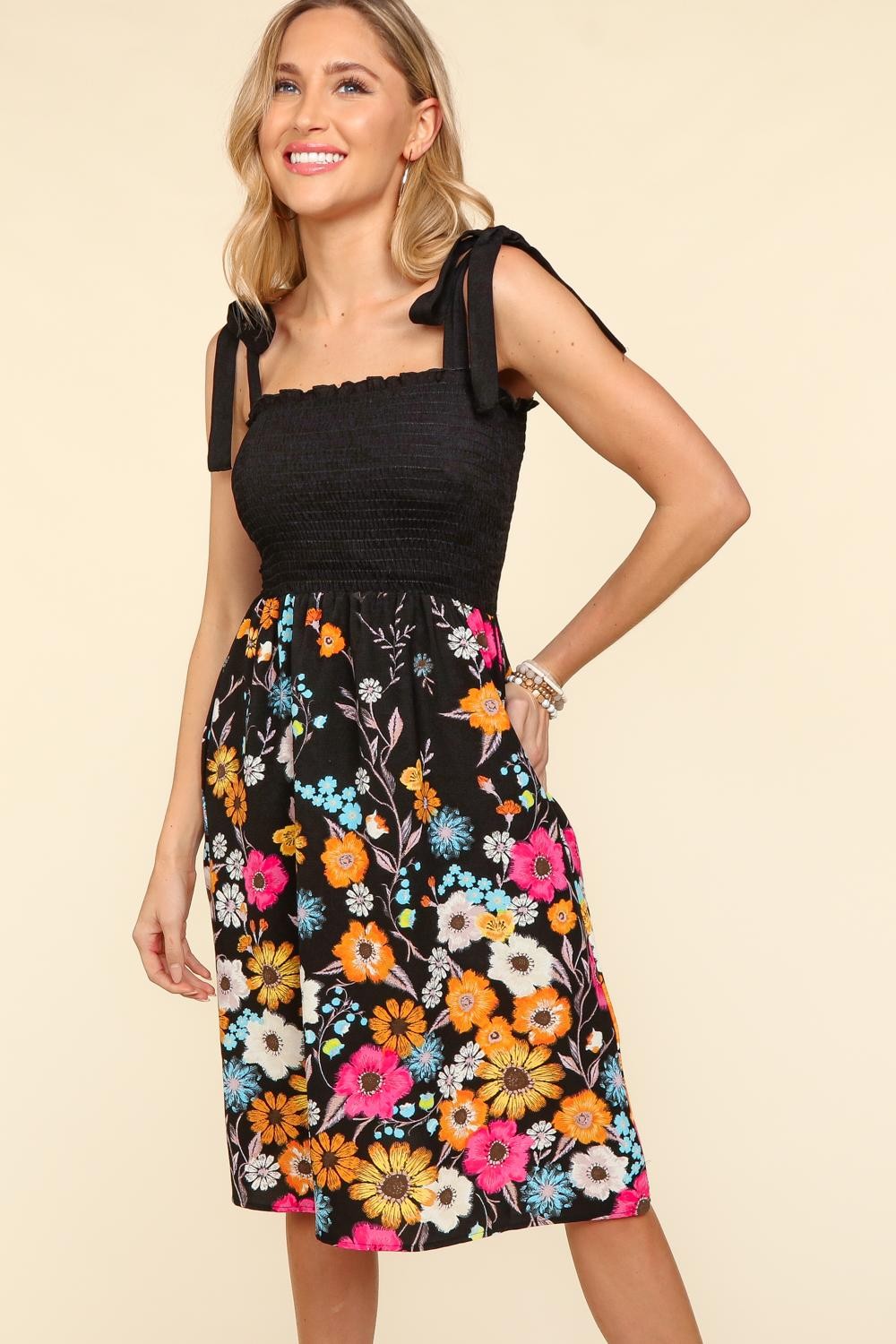 Haptics Smocked Cami Floral Dress Black S 