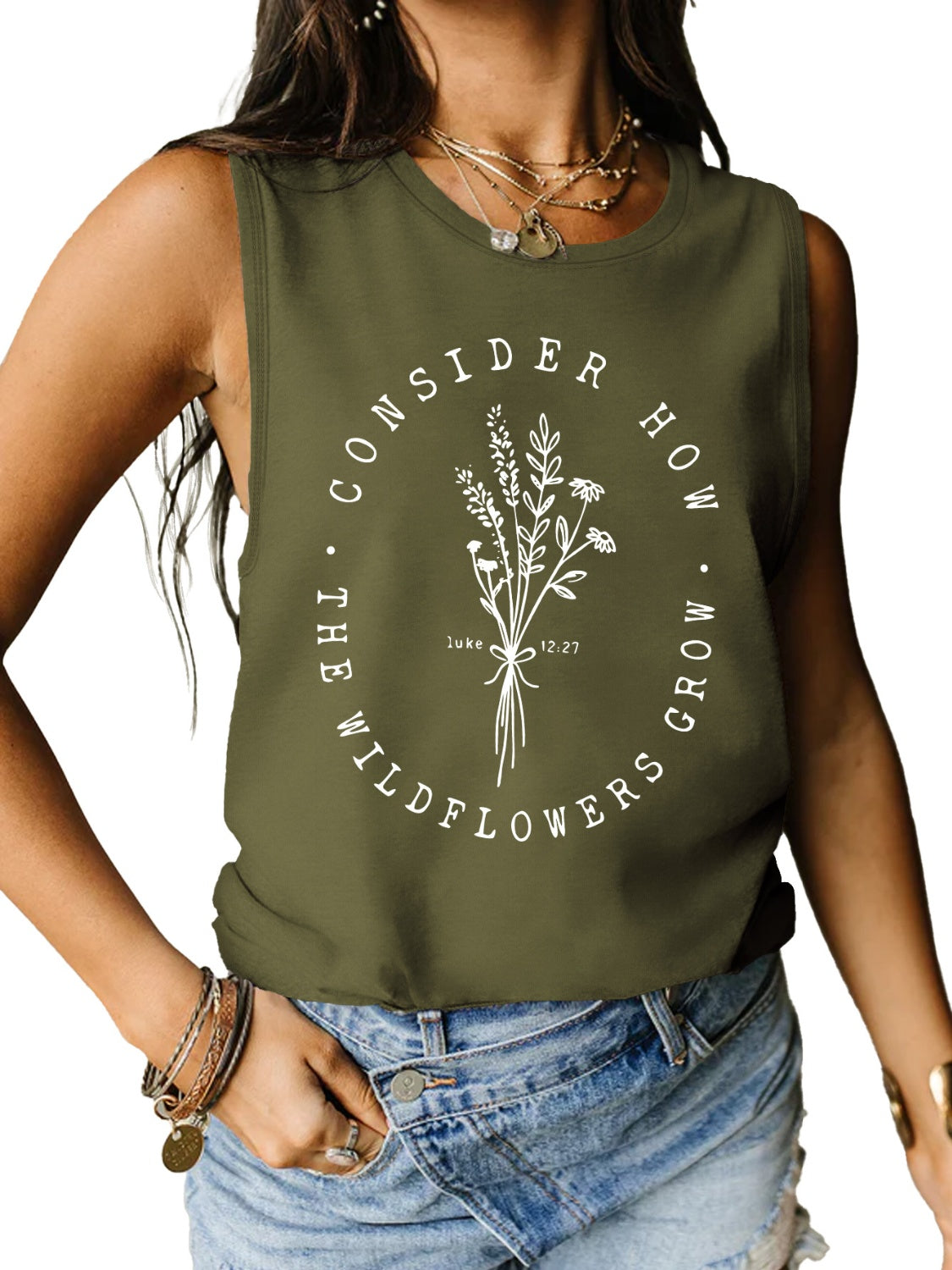 STUNNLY  Graphic Round Neck Tank Army Green S 