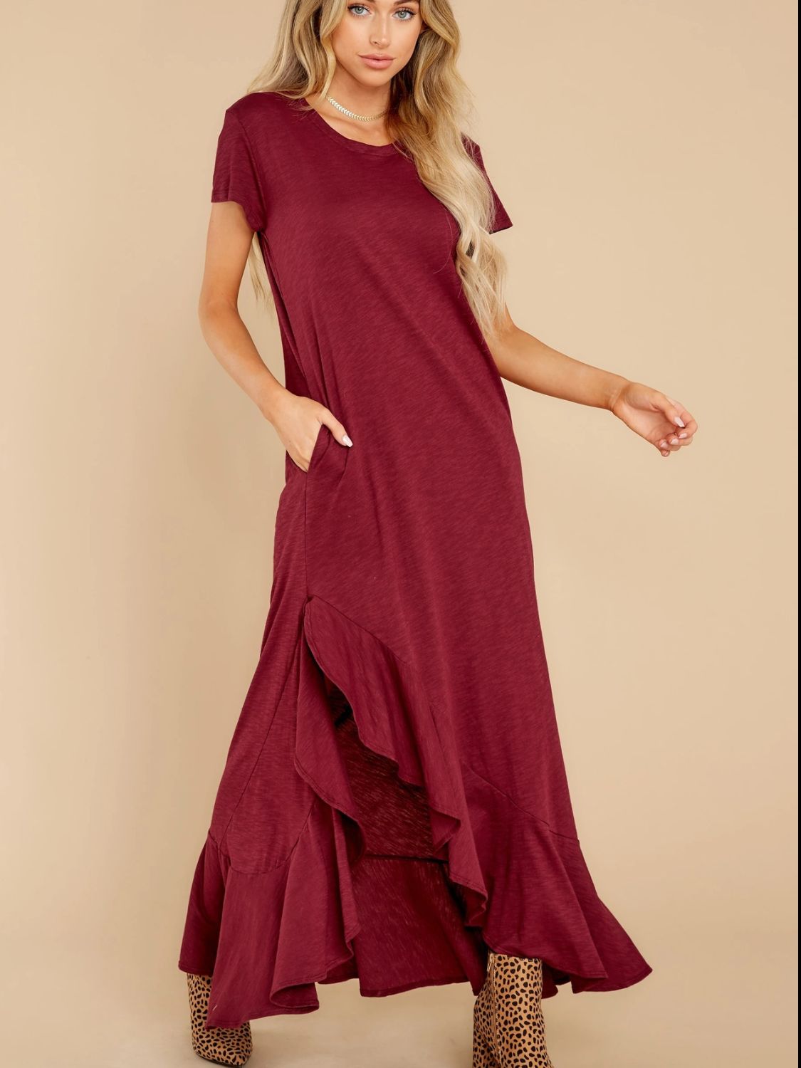 Slit Round Neck Short Sleeve Maxi Dress   