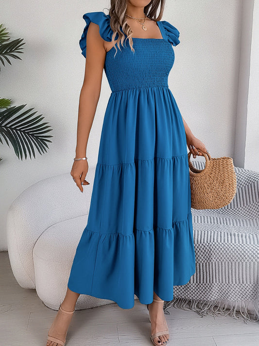 Smocked Square Neck Cap Sleeve Midi Dress Royal Blue S 