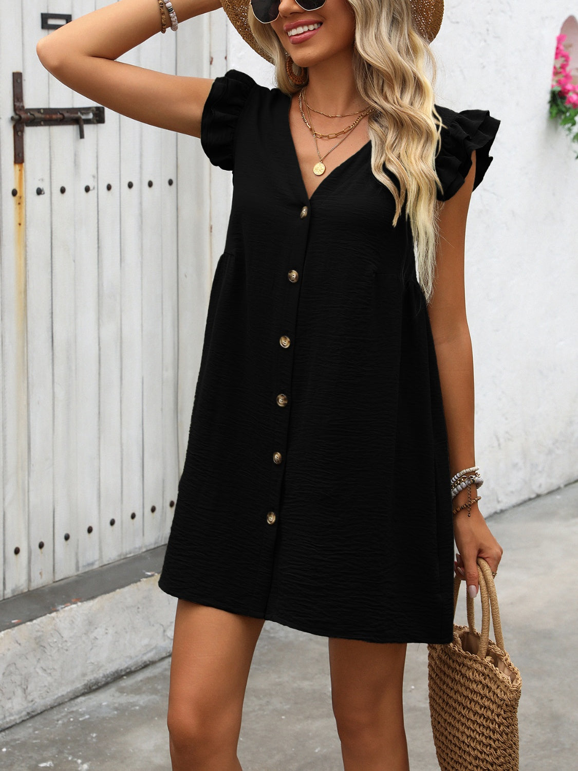 Button Up V-Neck Cap Sleeve Mini Dress   