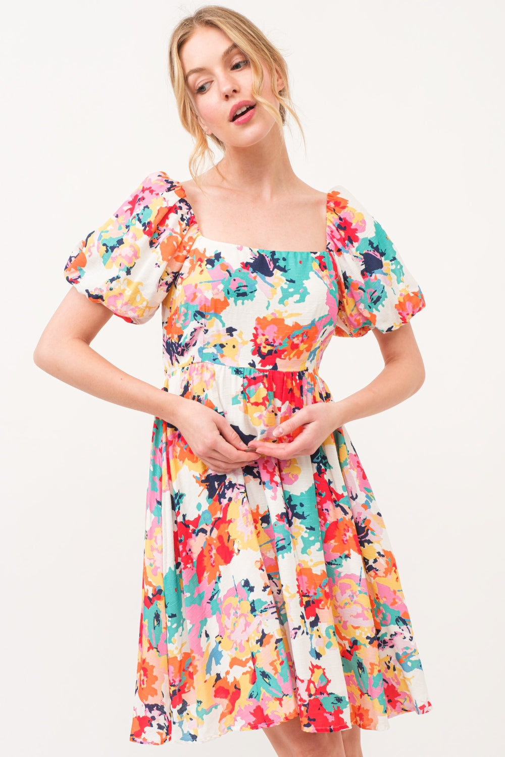 And The Why Square Neck Puff Sleeve Floral Dress   