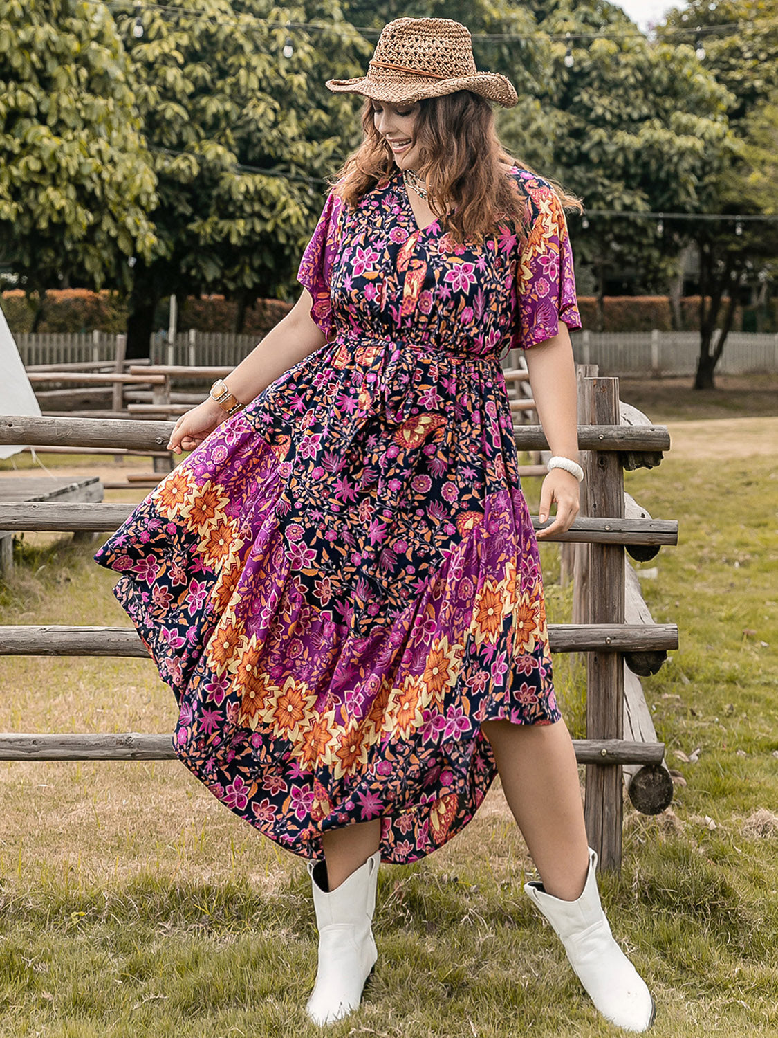 Plus Size Printed V-Neck Flutter Sleeve Midi Dress   