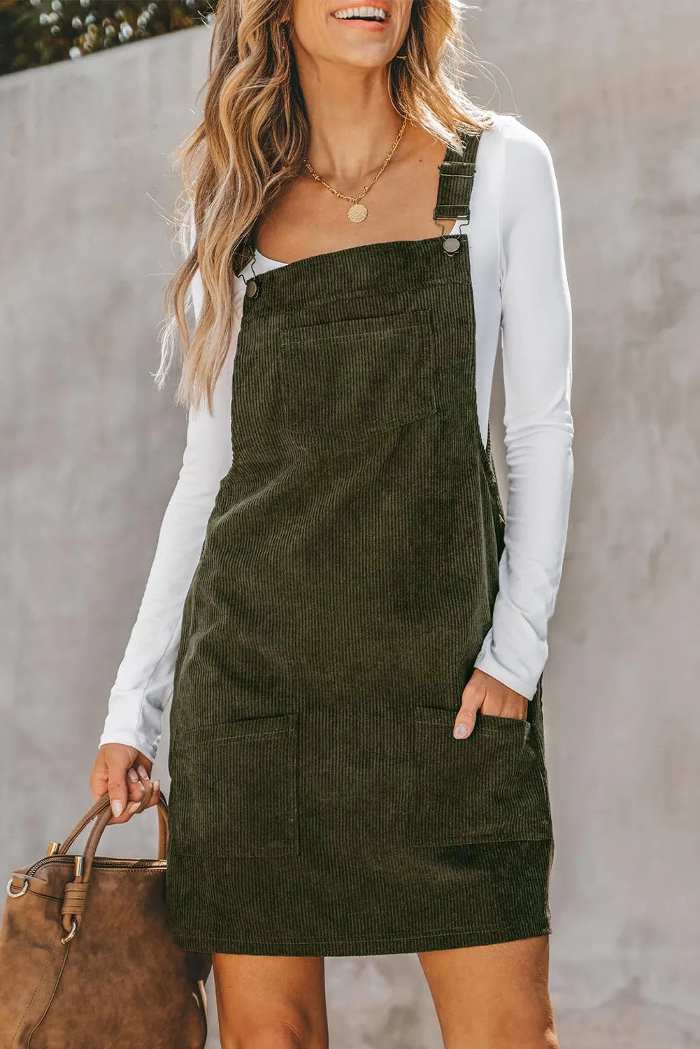 Pocketed Square Neck Wide Strap Overall Dress Black Forest S 