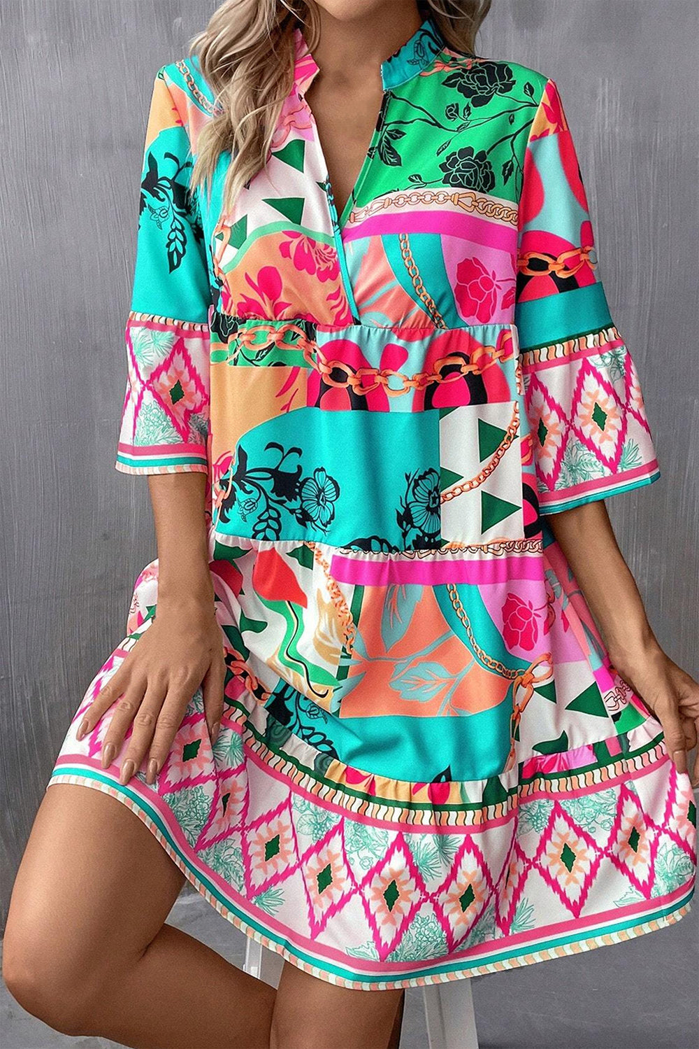 Printed Surplice Half Sleeve Mini Dress Turquoise S 