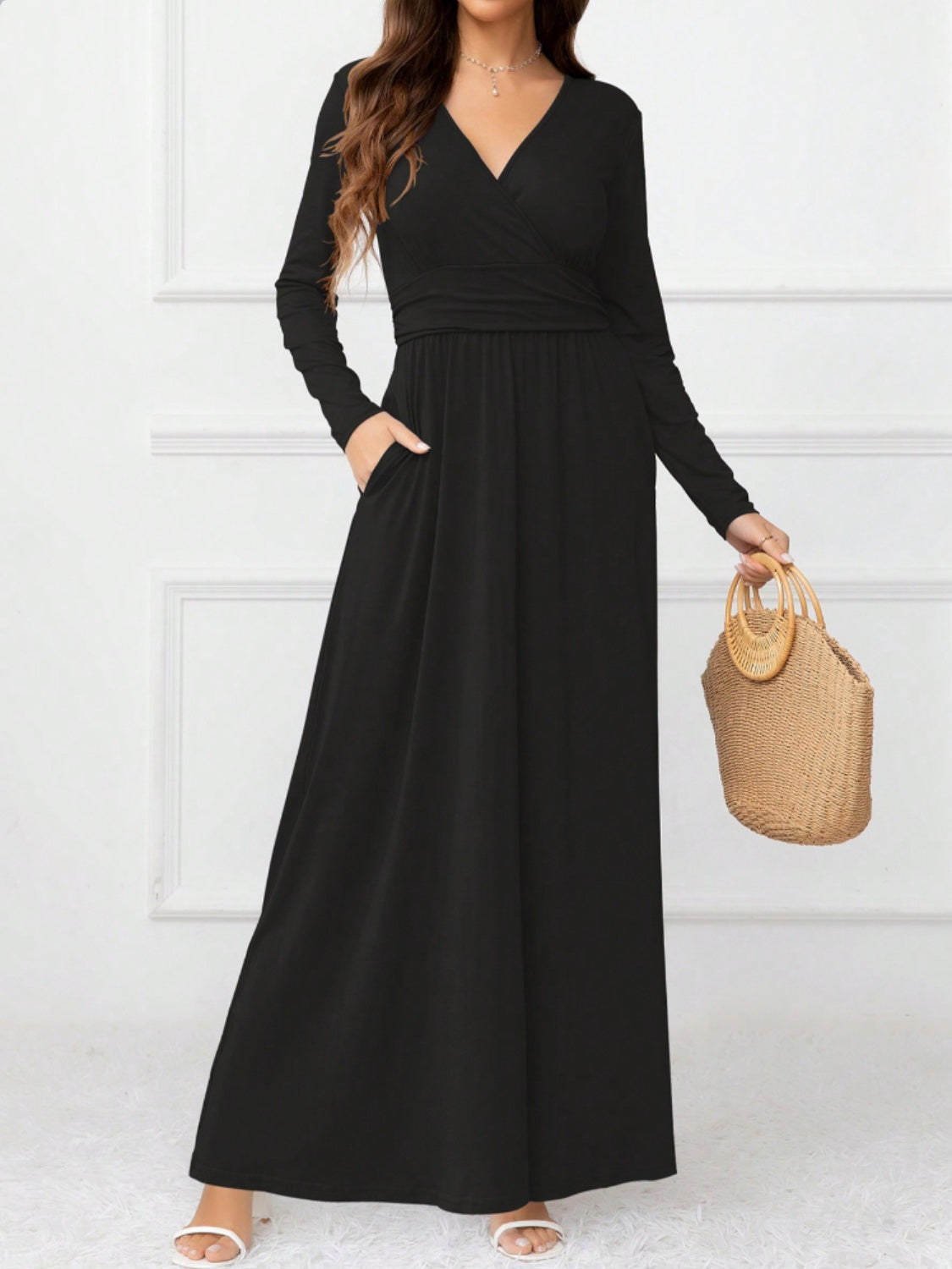 Pocketed Surplice Long Sleeve Maxi Dress   