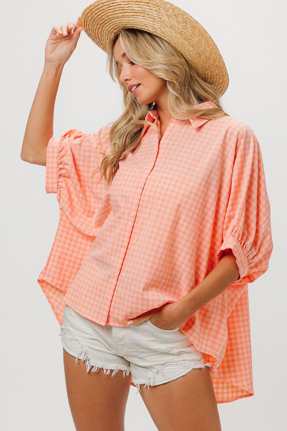 BiBi Plaid Button Up Dolman Sleeve Shirt   