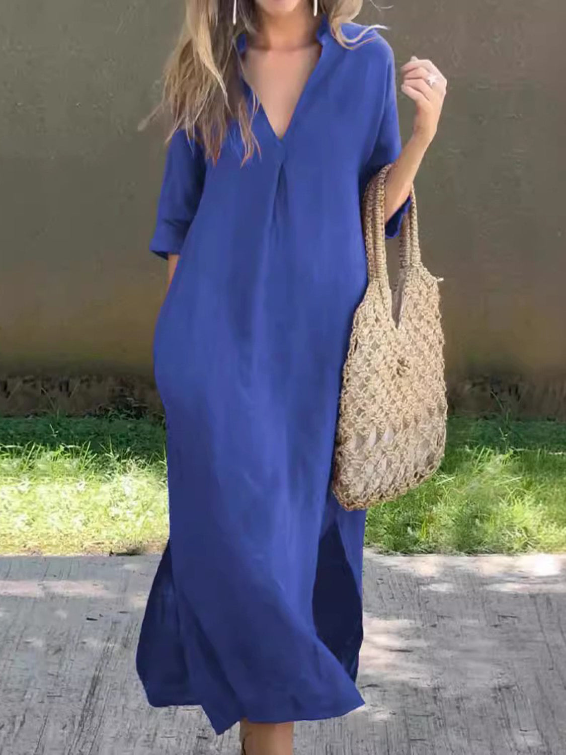 Full Size Notched Half Sleeve Midi Dress   