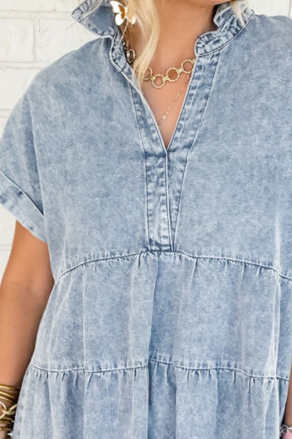 Raw Hem Notched Short Sleeve Denim Dress   