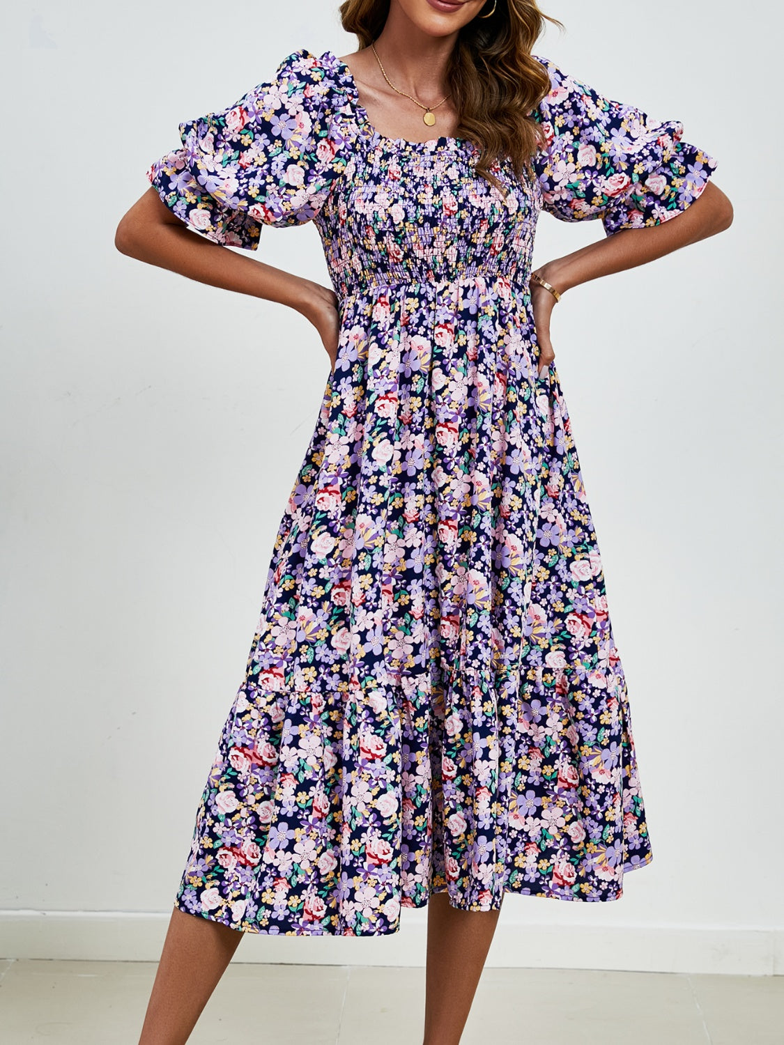 Smocked Floral Square Neck Short Sleeve Dress   