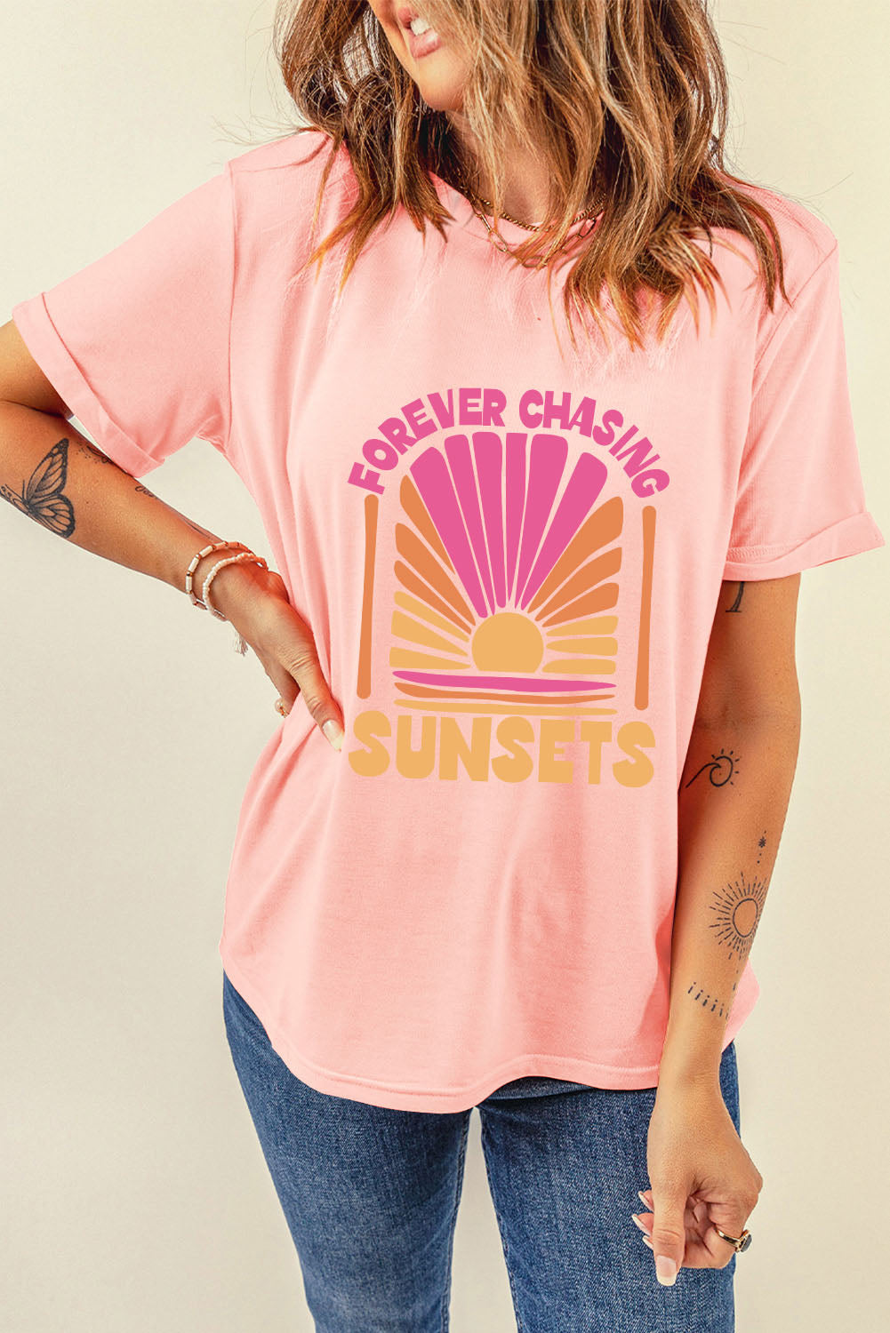 STUNNLY  FOREVER CHASING SUNSETS Round Neck T-Shirt   