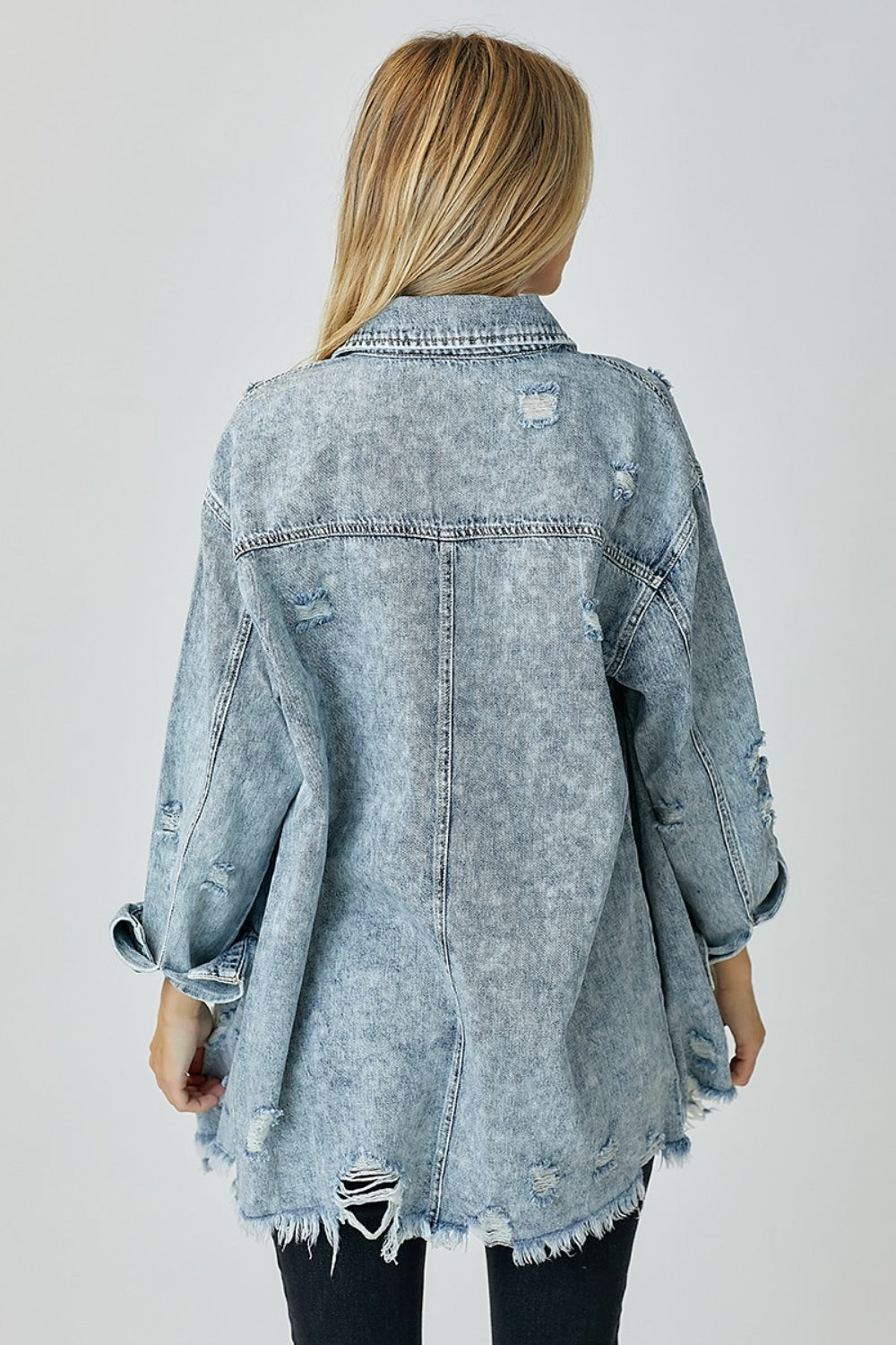 RISEN Distressed Raw Hem Denim Shirt   