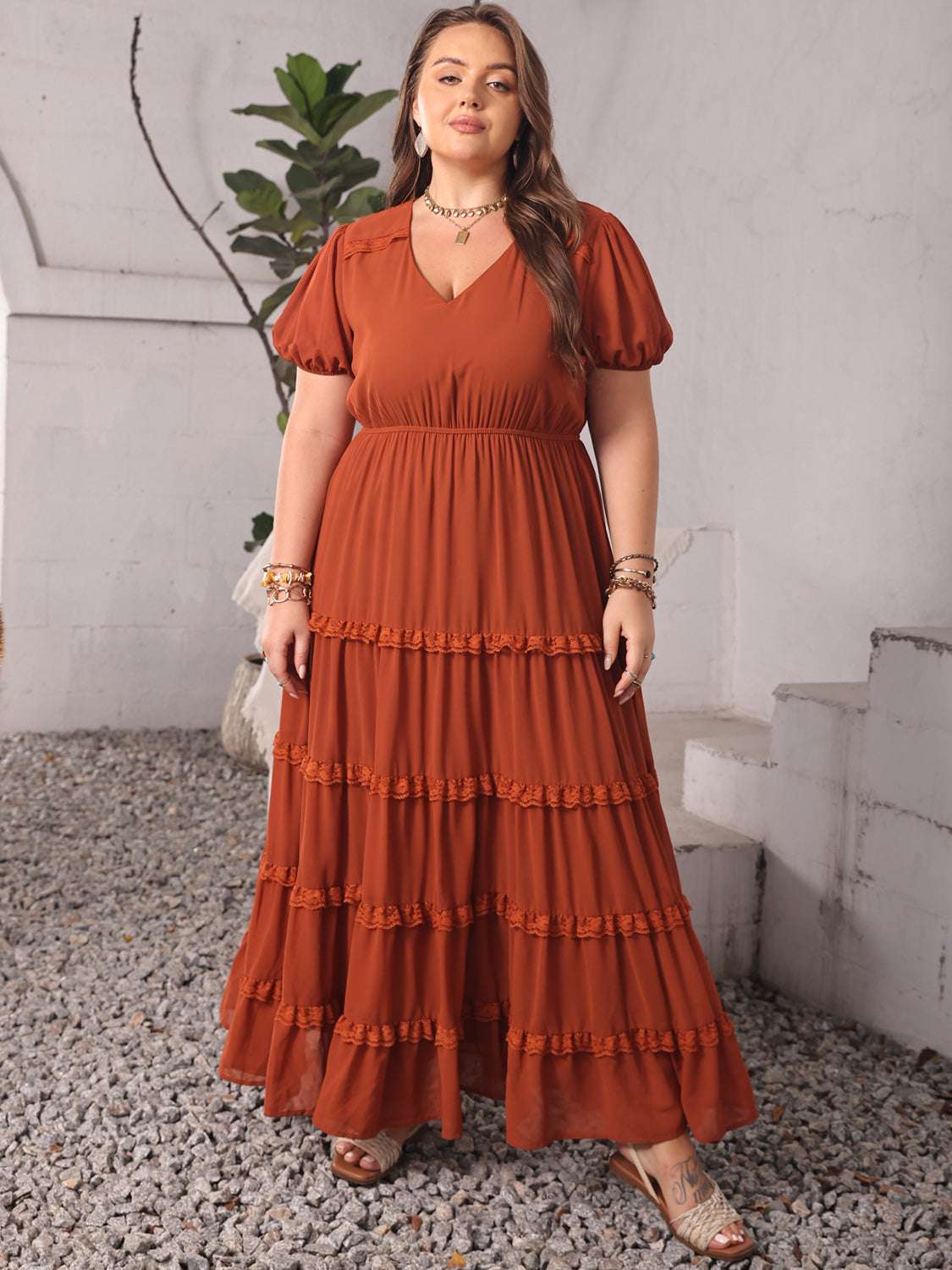 Plus Size Ruched Lace Detail V-Neck Short Sleeve Dress Rust 0XL 