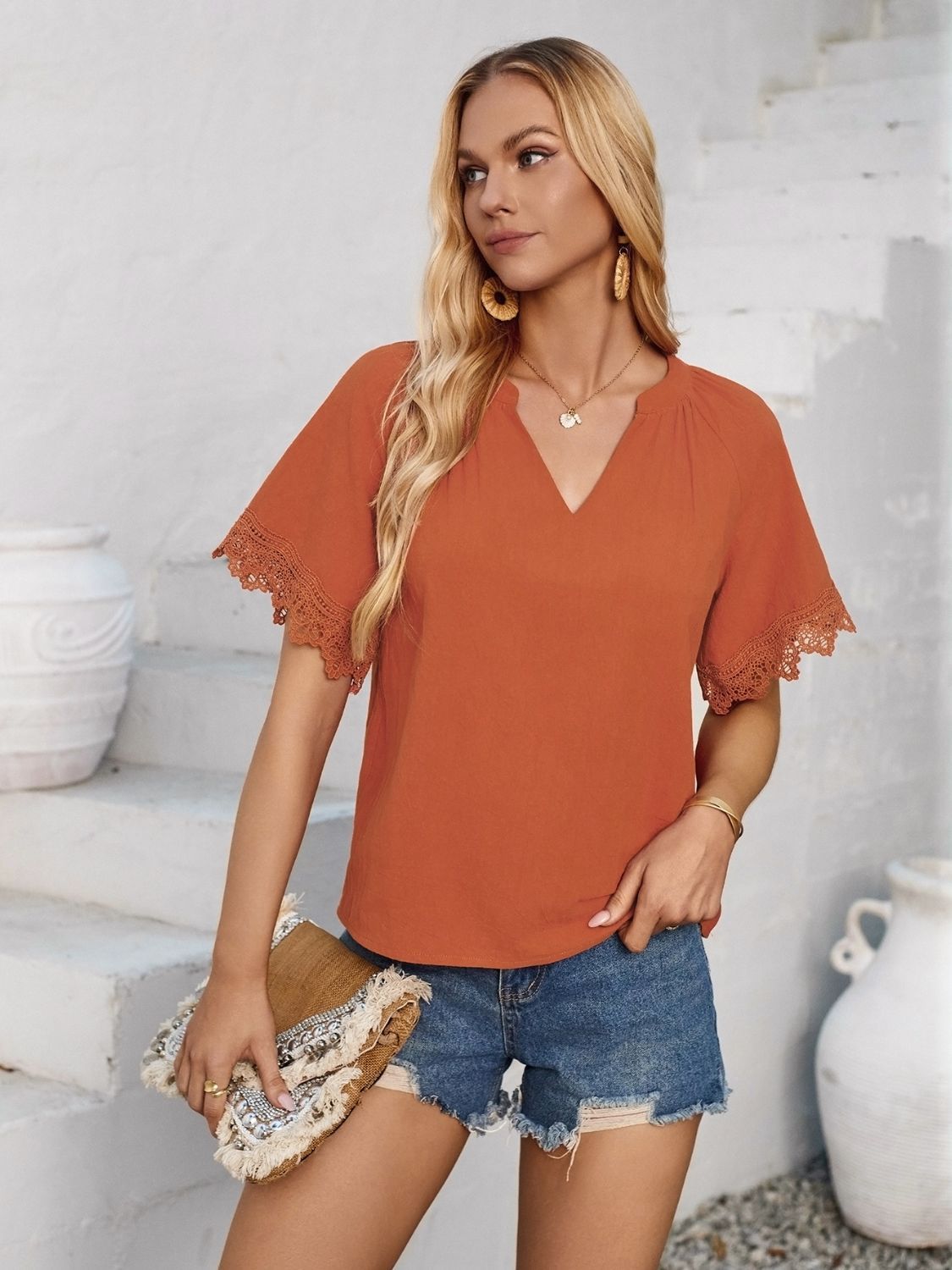 Lace Detail Notched Short Sleeve Blouse Ochre S 