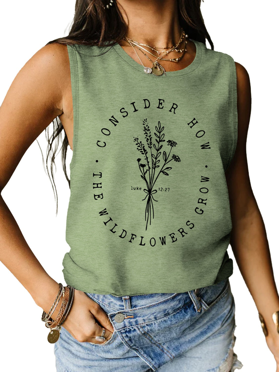 STUNNLY  Graphic Round Neck Tank Sage S 