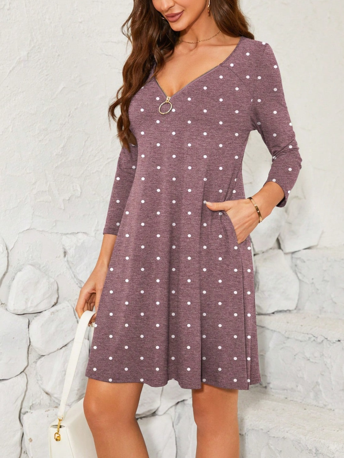 Polka Dot Quarter Zip Long Sleeve Dress   