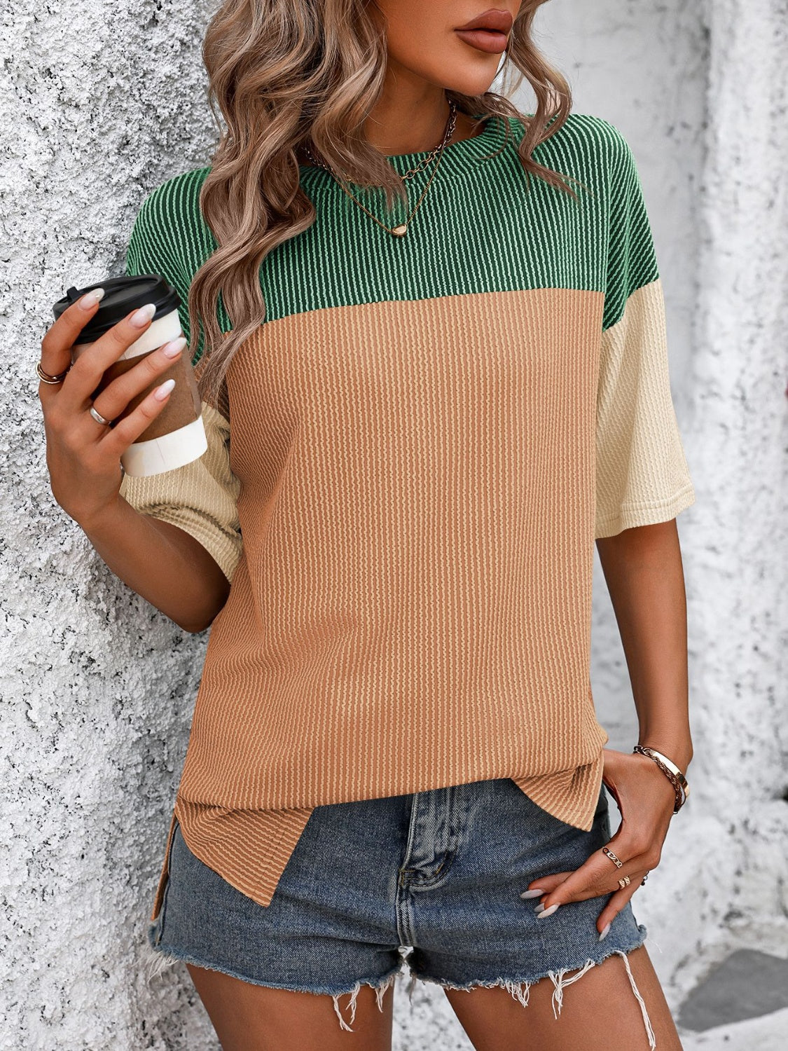 STUNNLY  Color Block Round Neck Half Sleeve T-Shirt Green/Orange S 