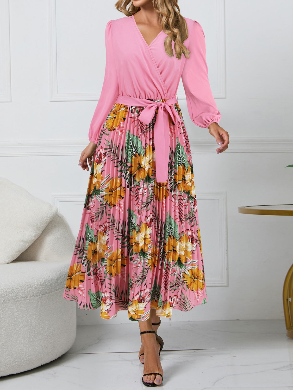 Pleated Printed Surplice Long Sleeve Dress   