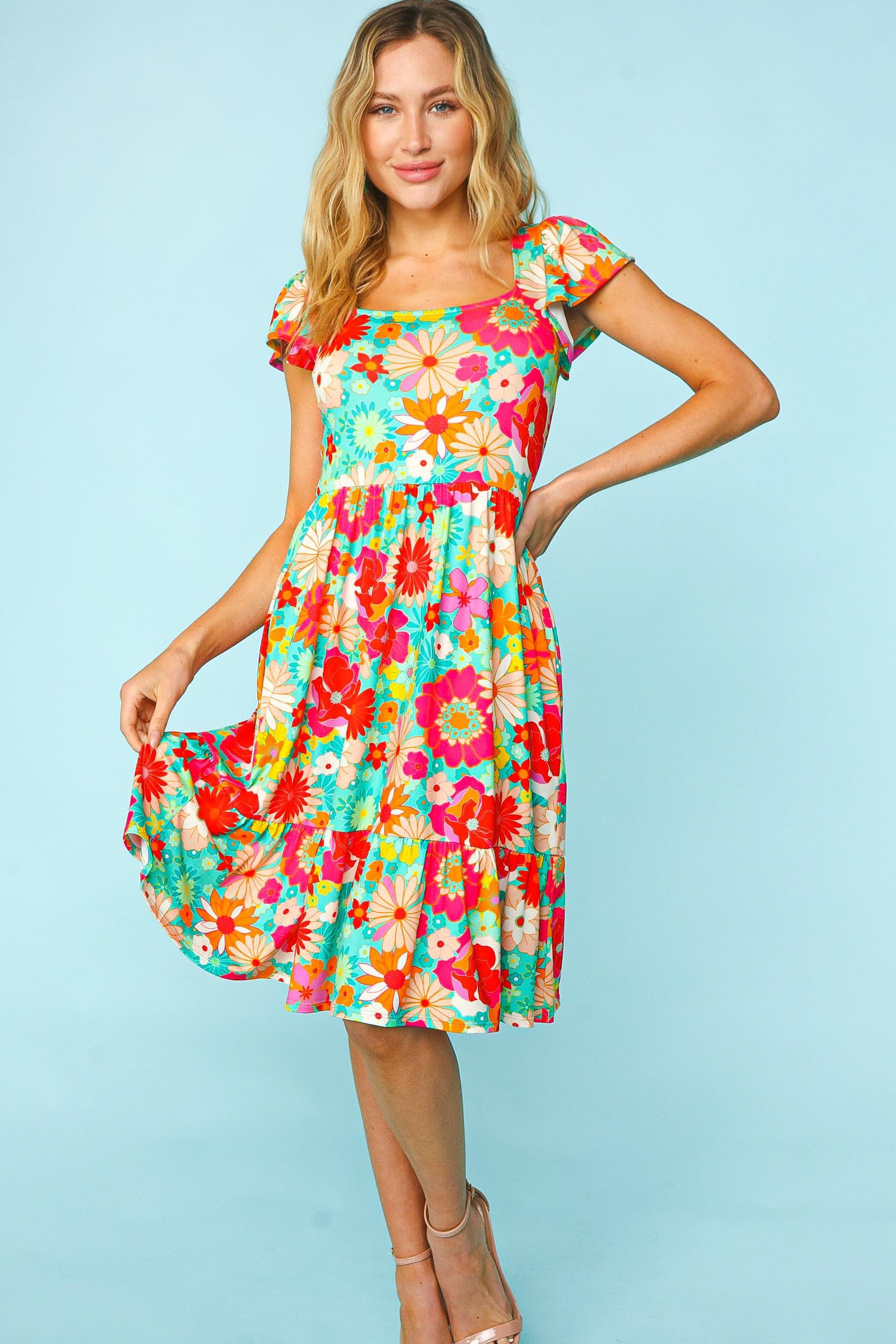 Haptics Floral Square Neck Short Sleeve Dress   