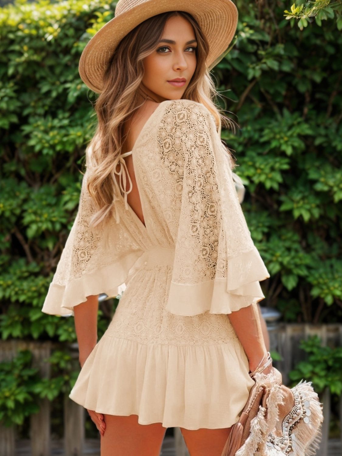 Lace Cutout Half Sleeve Mini Dress Cream S 