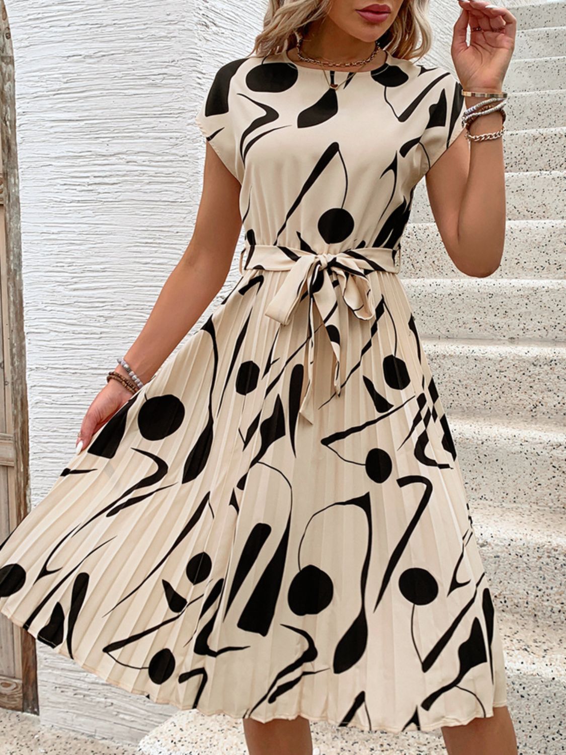 Tied Pleated Printed Cap Sleeve Dress   