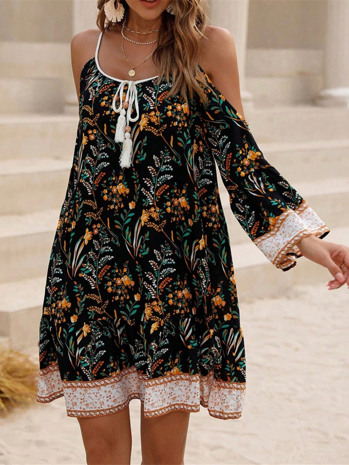 Tassel Printed Long Sleeve Mini Cami Dress   