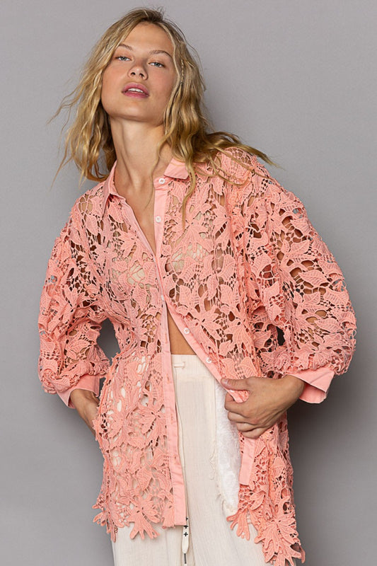STUNNLY  POL Collared Neck Button Up Lace Shirt Peach Coral S 