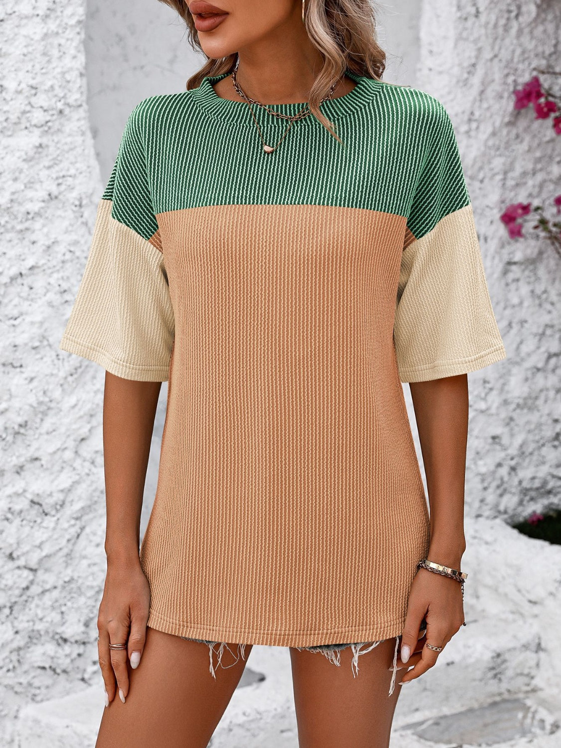 STUNNLY  Color Block Round Neck Half Sleeve T-Shirt   