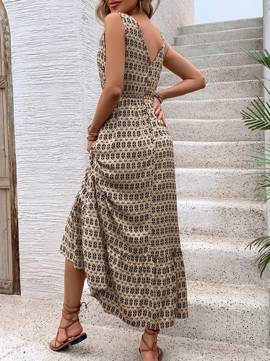 Printed V-Neck Tie Waist Midi Dress   