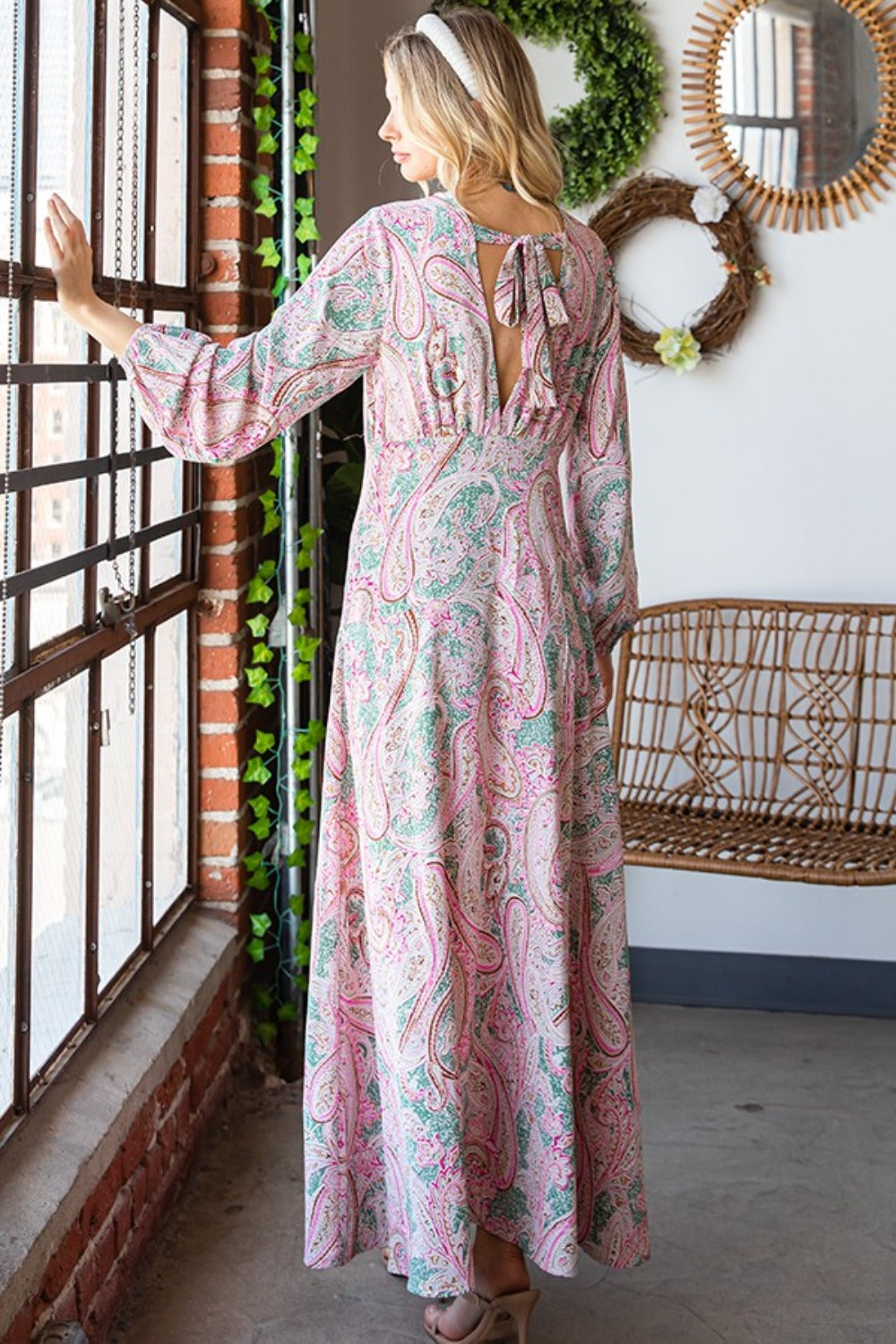 First Love Paisley Print Tie-Back Long Sleeve Maxi Dress   