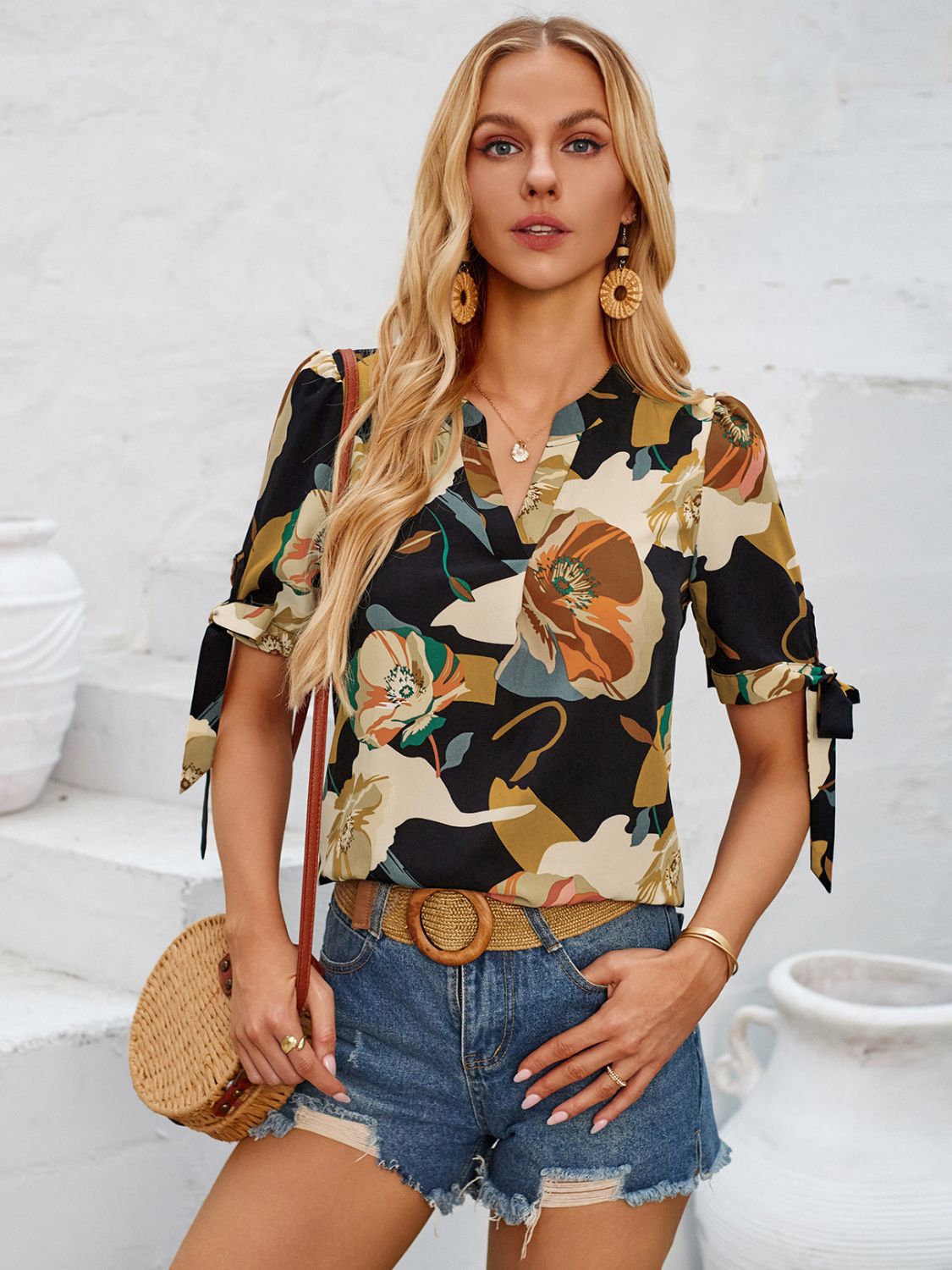 Tied Printed Notched Short Sleeve Blouse   