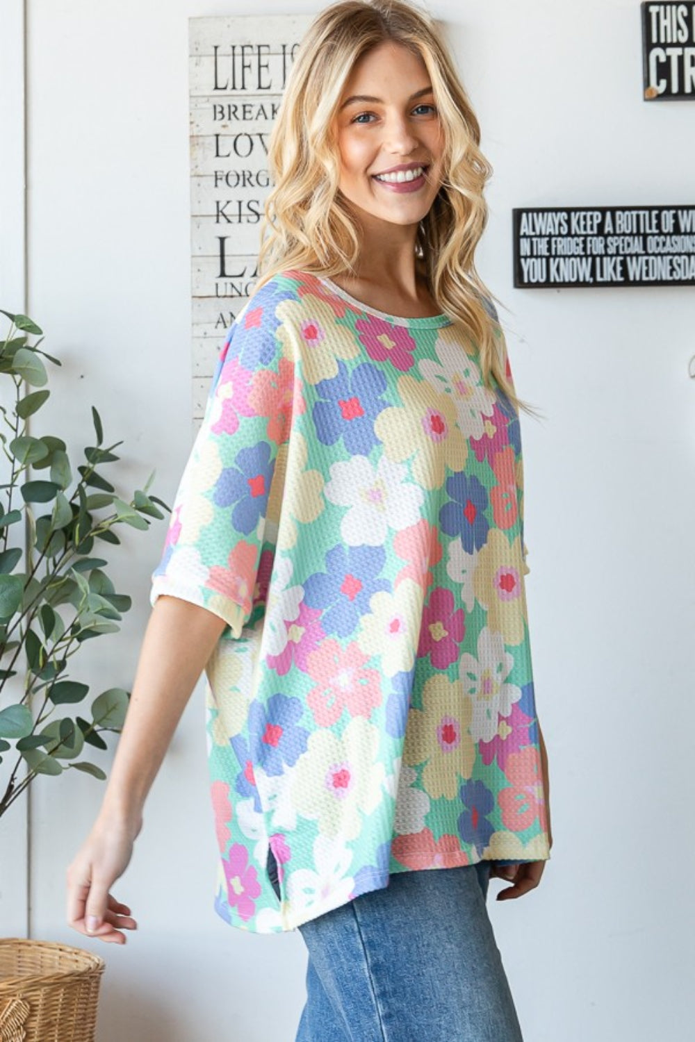 HOPELY Floral Waffle Oversized T-Shirt   