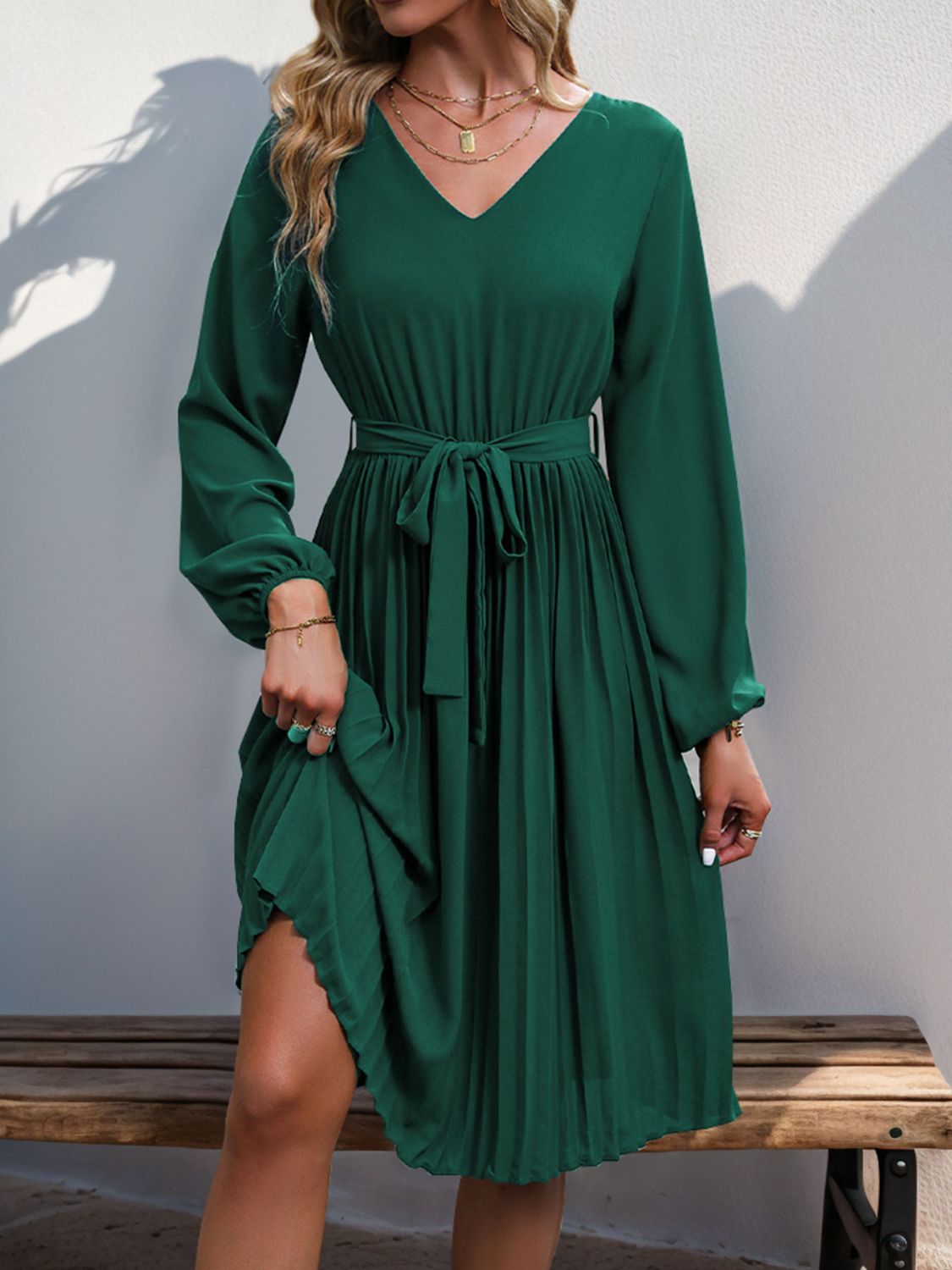 Lace V-Neck Long Sleeve Pleated Dress   