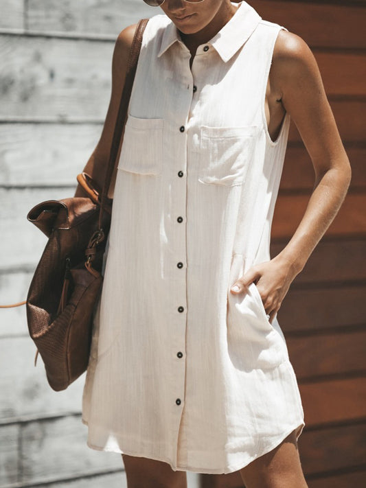 STUNNLY  Snap Down Sleeveless Mini Dress White S 