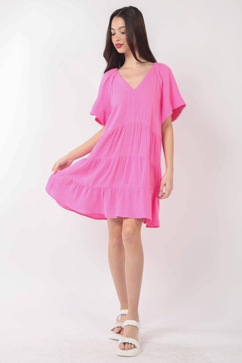 VERY J Texture V-Neck Ruffled Tiered Dress   