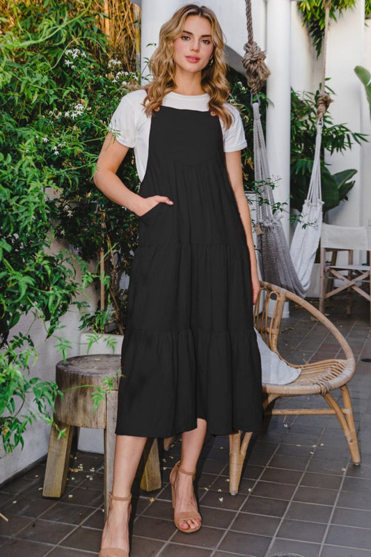 ODDI Full Size Sleeveless Tiered Midi Dress Black S 